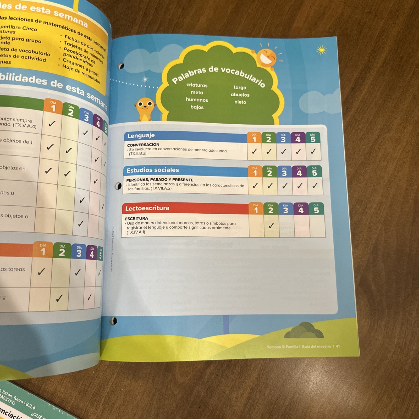 Scholastic Pre K On My Way Espanol Spanish Theme 1,3,8 Teaching Guide Vocabulary