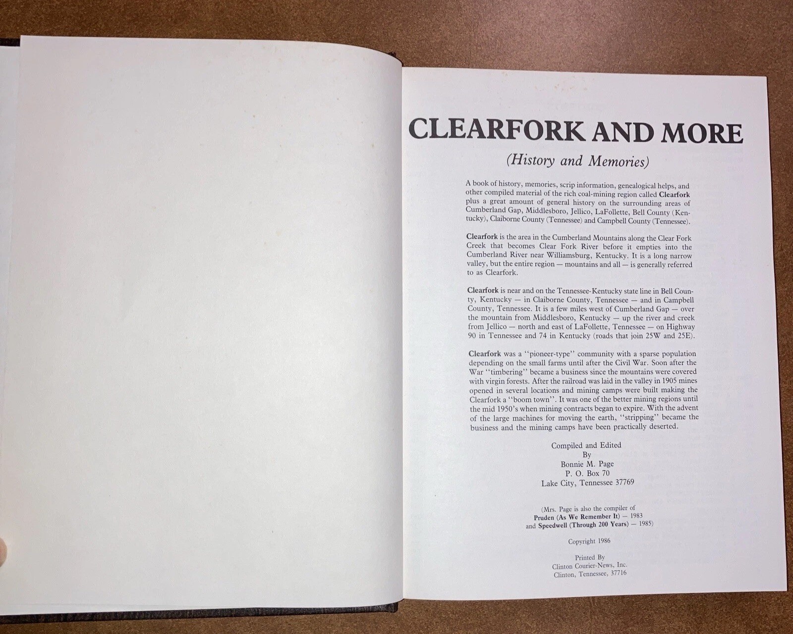 Clearfork and More History and Memories HC Bonnie M Page 1986 Tennessee