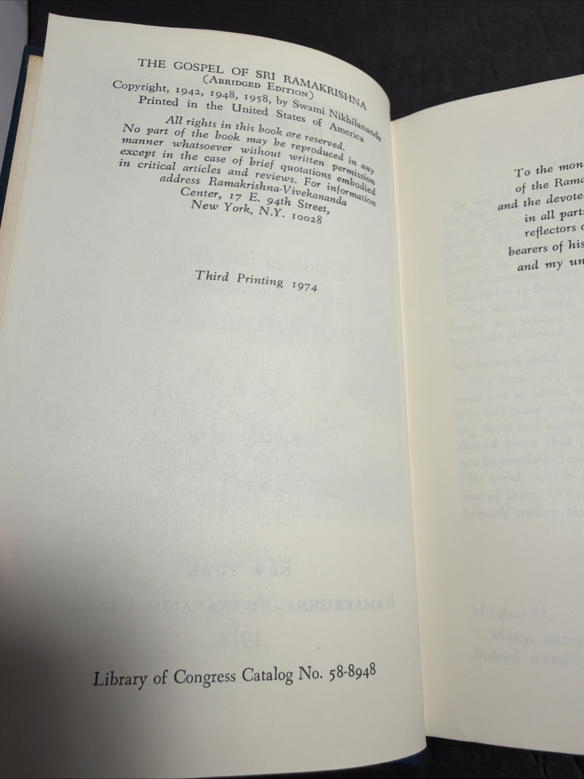 The Gospel Of Sri Ramakrishna Abridged Hardcover 1974