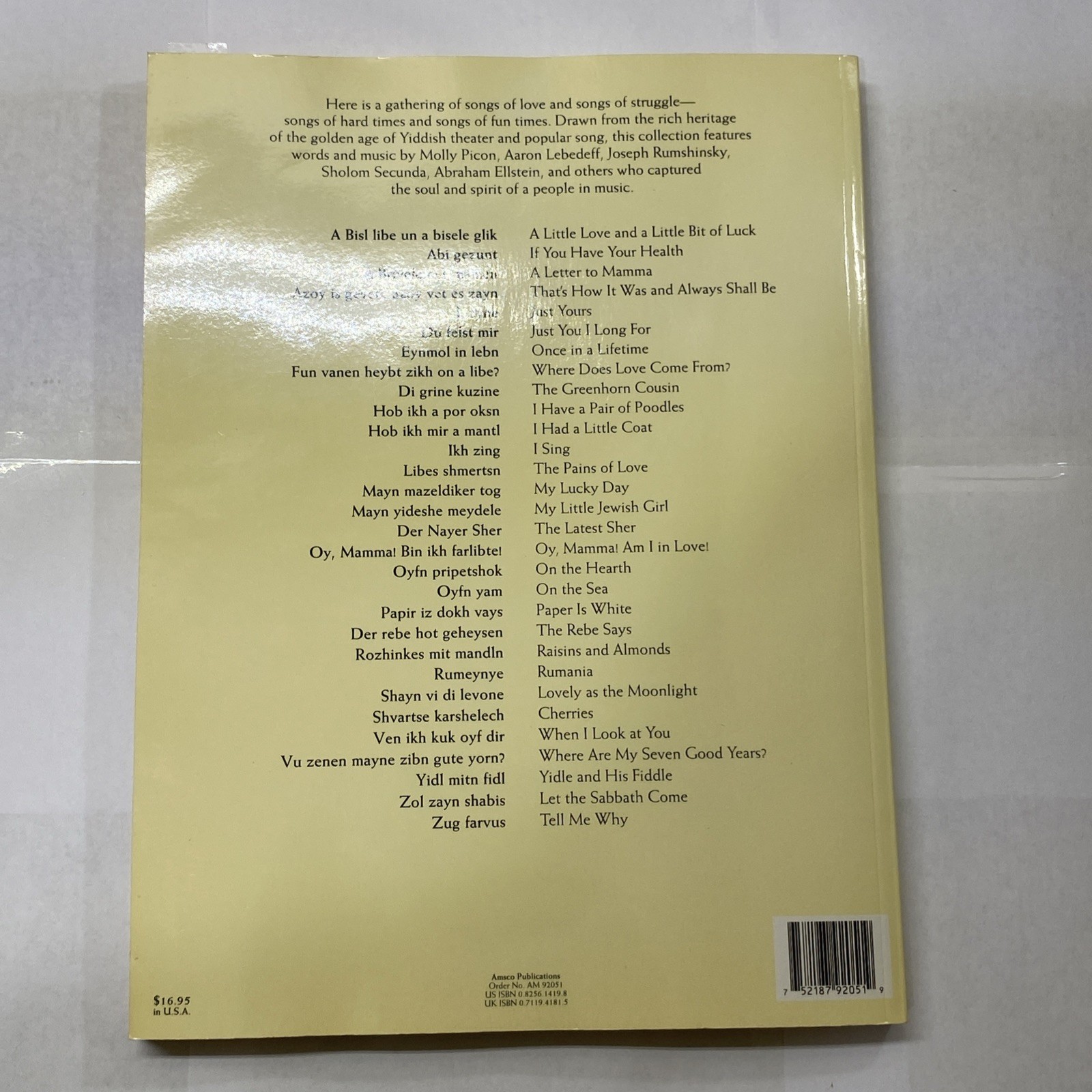 Yiddish Song Favorites (Amsco Publications) Songbook with Sheet Music 1994 PB