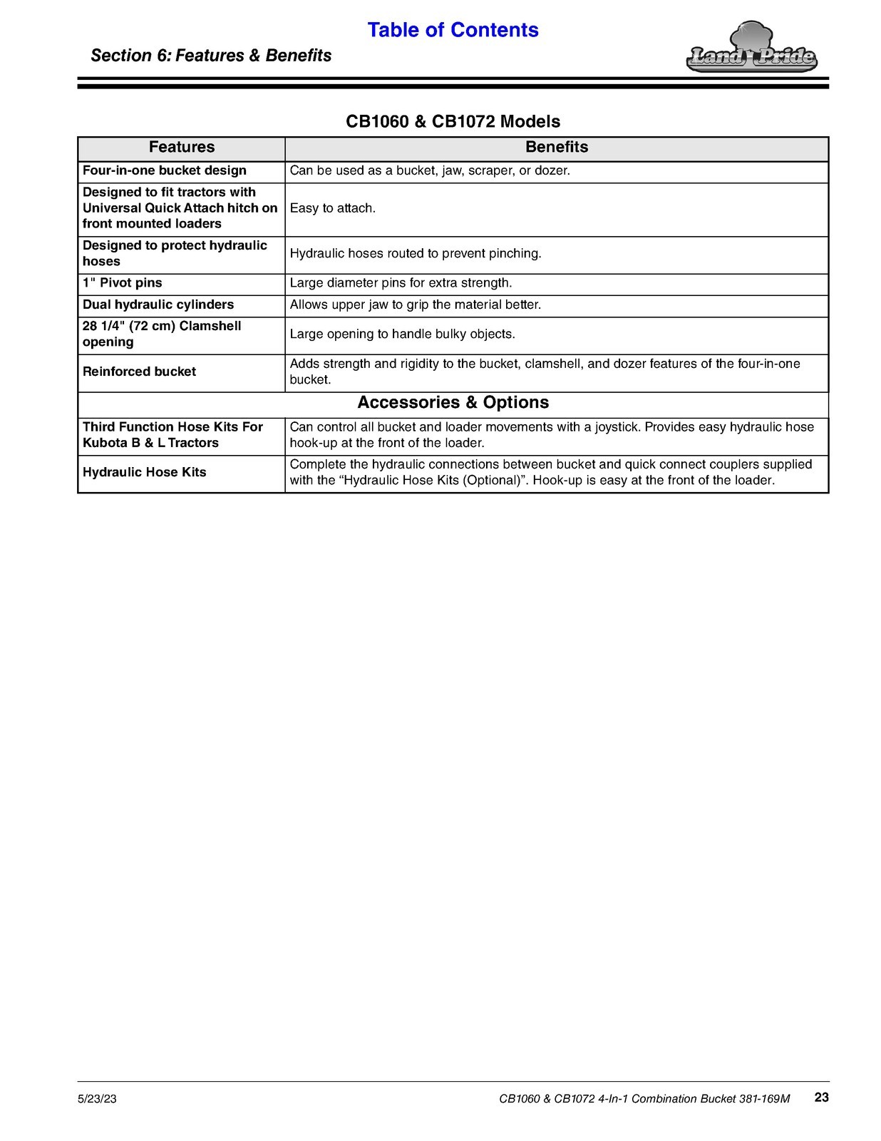LAND PRIDE CB1060 CB1072 4-In-1 Combination Bucket Operators Manual BINDING