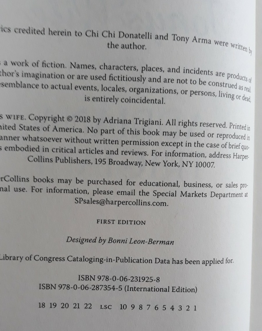 SIGNED Adriana Trigiani TONY’S WIFE 1st Edition 2018 HCDJ EXCELLENT CONDITION