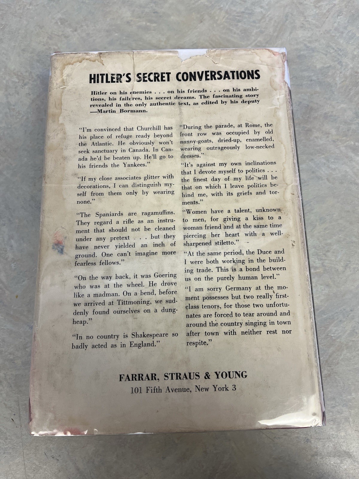 Hitler’s Secret Conversations/Farrar-Straus-Young/Hardcover/Dust Cover