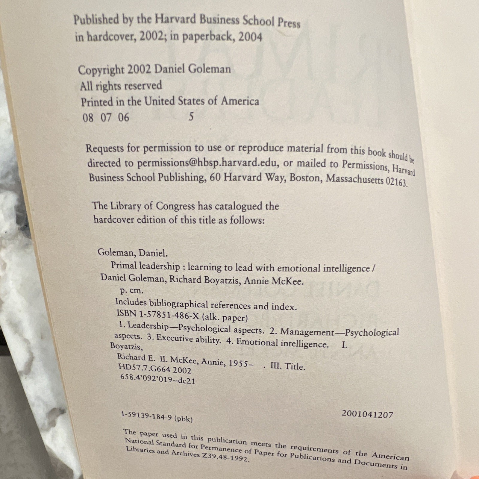 Primal Leadership: Emotional Intelligence Goleman/Boyatzis/McKee 2004 PB Index
