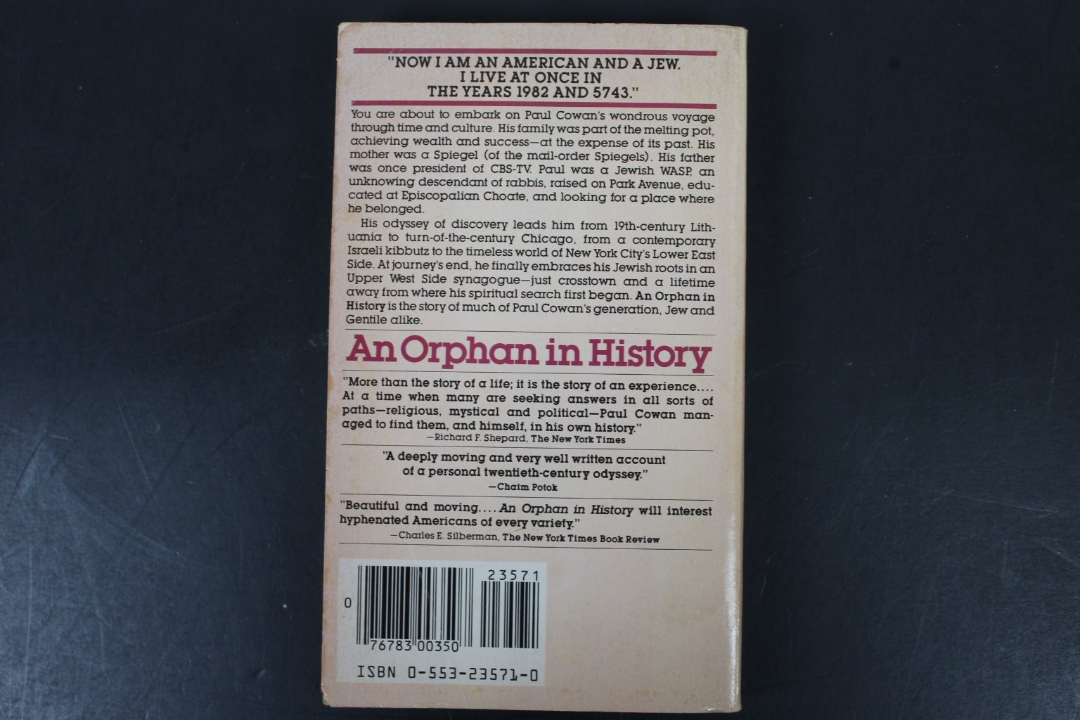 An Orphan in History Paul Cowan 1983 First Bantam Edition Memoir Jewish Roots PB