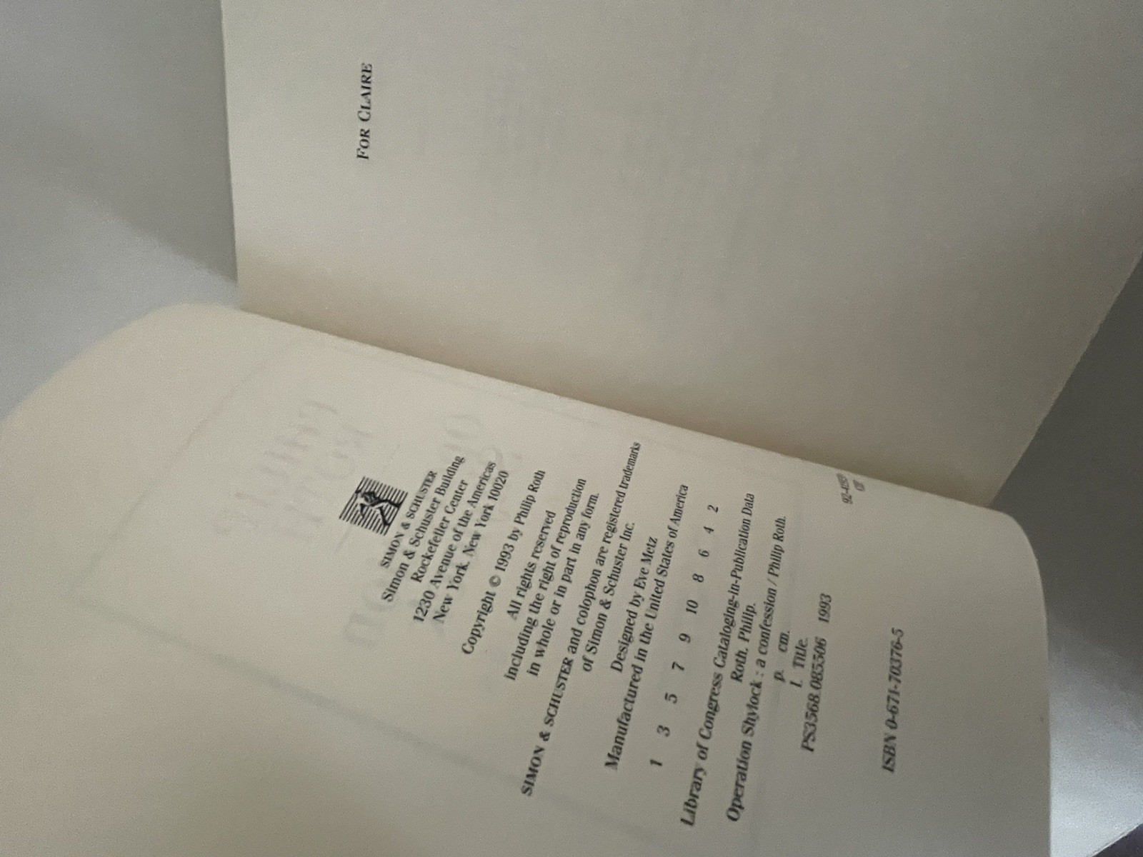 Operation Shylock – A Confession by Philip Roth- 1st Edition 1st Printing HC DJ