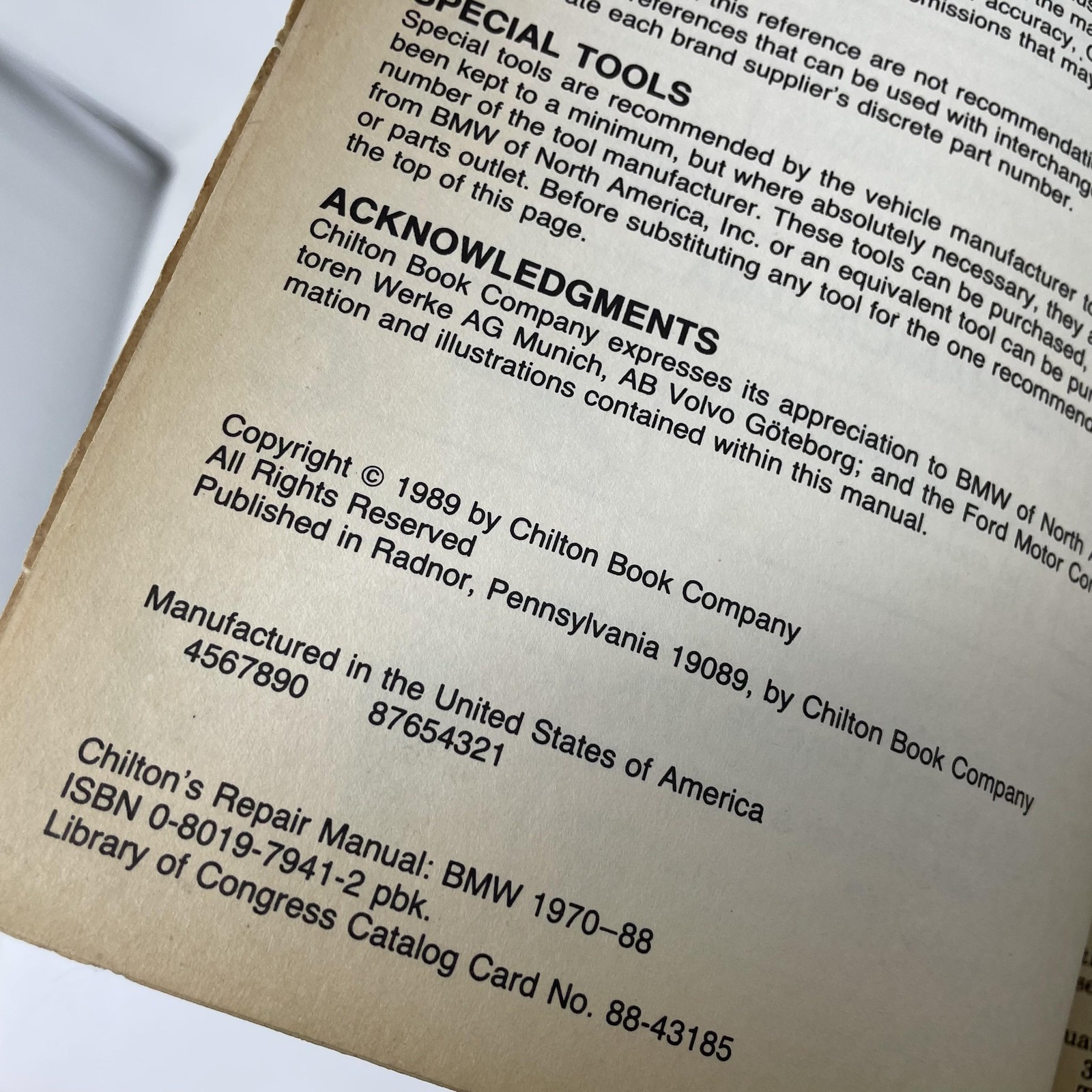Chilton Book Company Repair Manual BMW 1970-88 1989 Paperback Part 6844