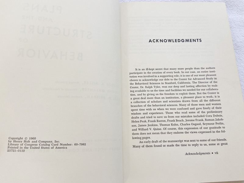 1960 HC Plans and the Structure of Behavior by George Armitage Miller, Eugene ..