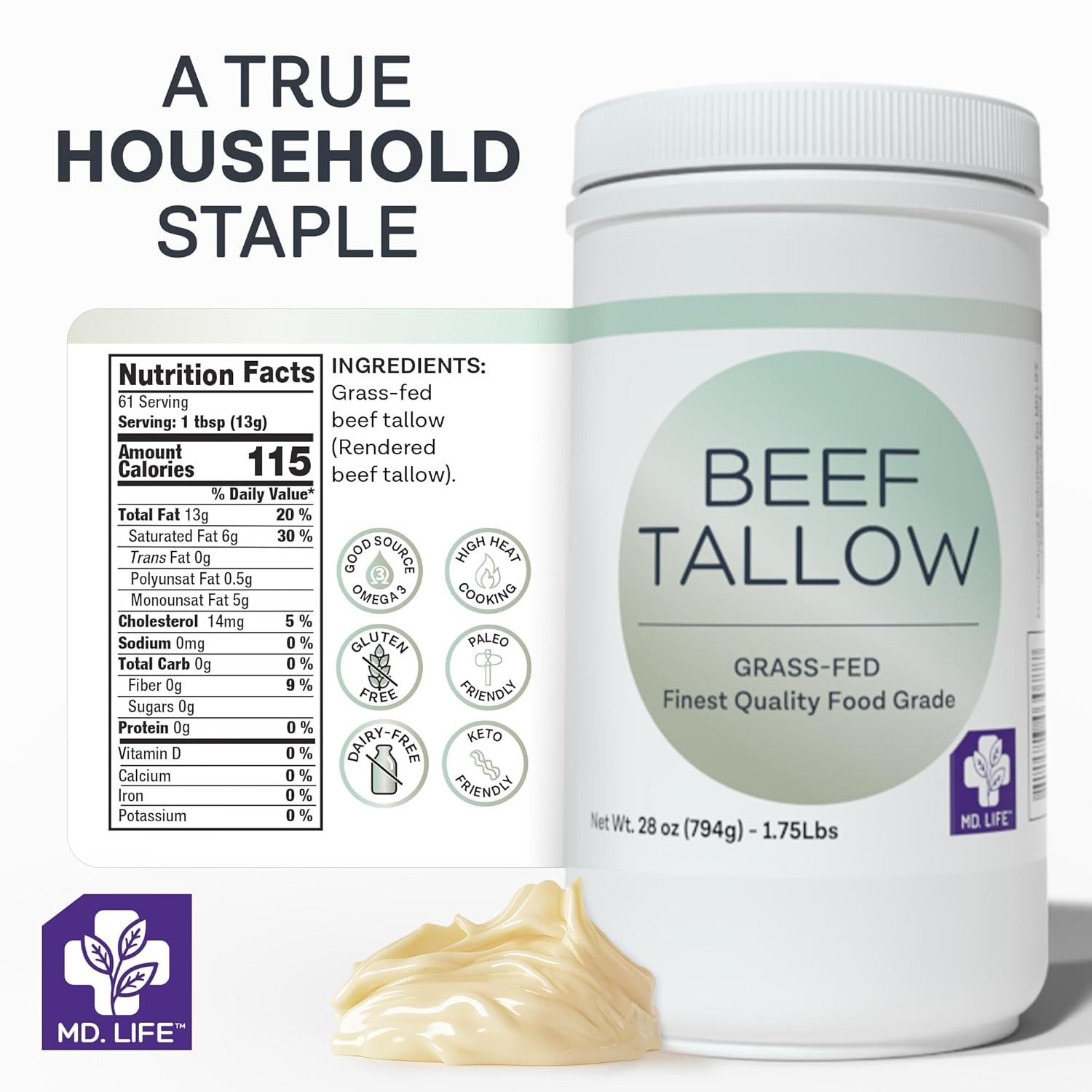 28oz Keto Friendly Beef Tallow – Grass Fed Cooking Oil for Health and Wellness