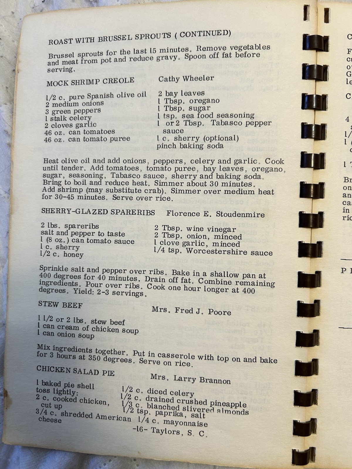 Vintage Community Cookbook From Taylor’s SC 1972-73