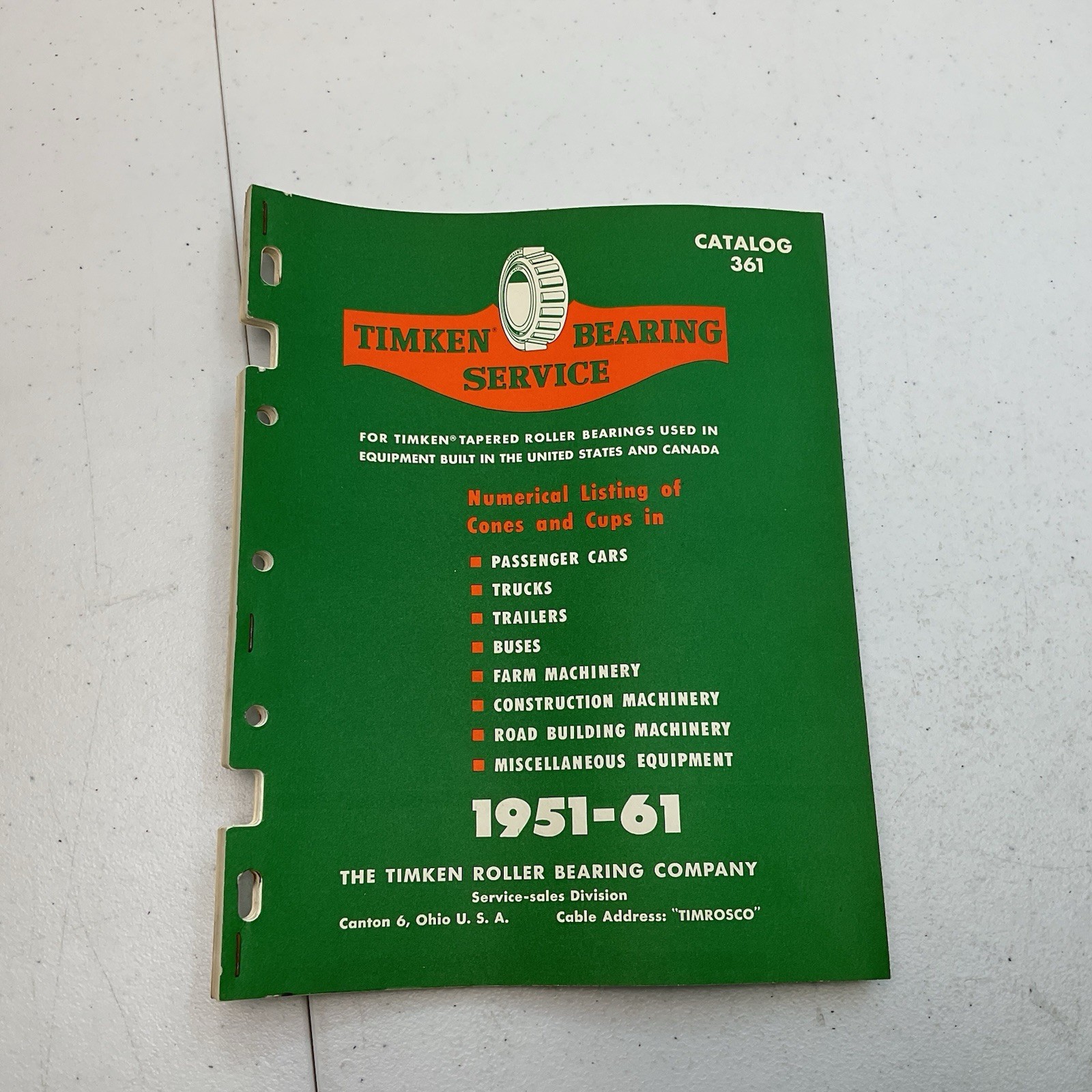 1951-61 Timken Bearing Numerical Listing Of Comes And Cups catalog 361