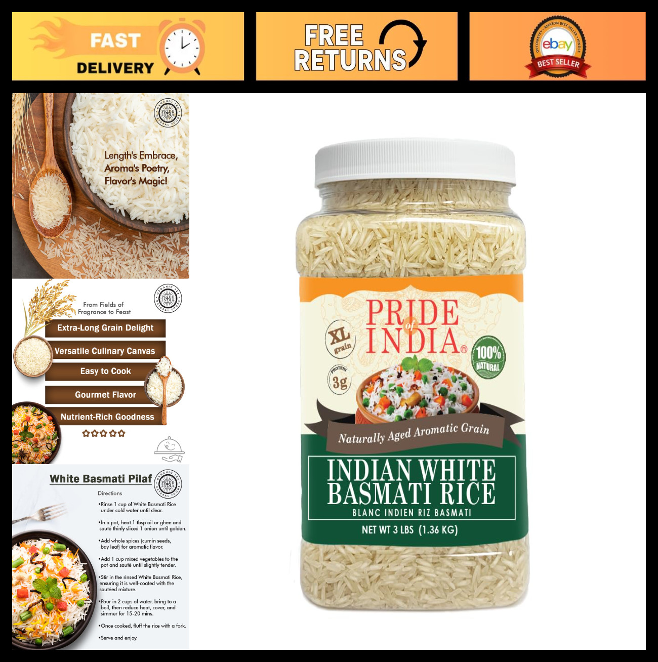 Extra Long Grain Basmati Rice 3 lb | Naturally Aged, Non-Sticky, Aromatic | Idea