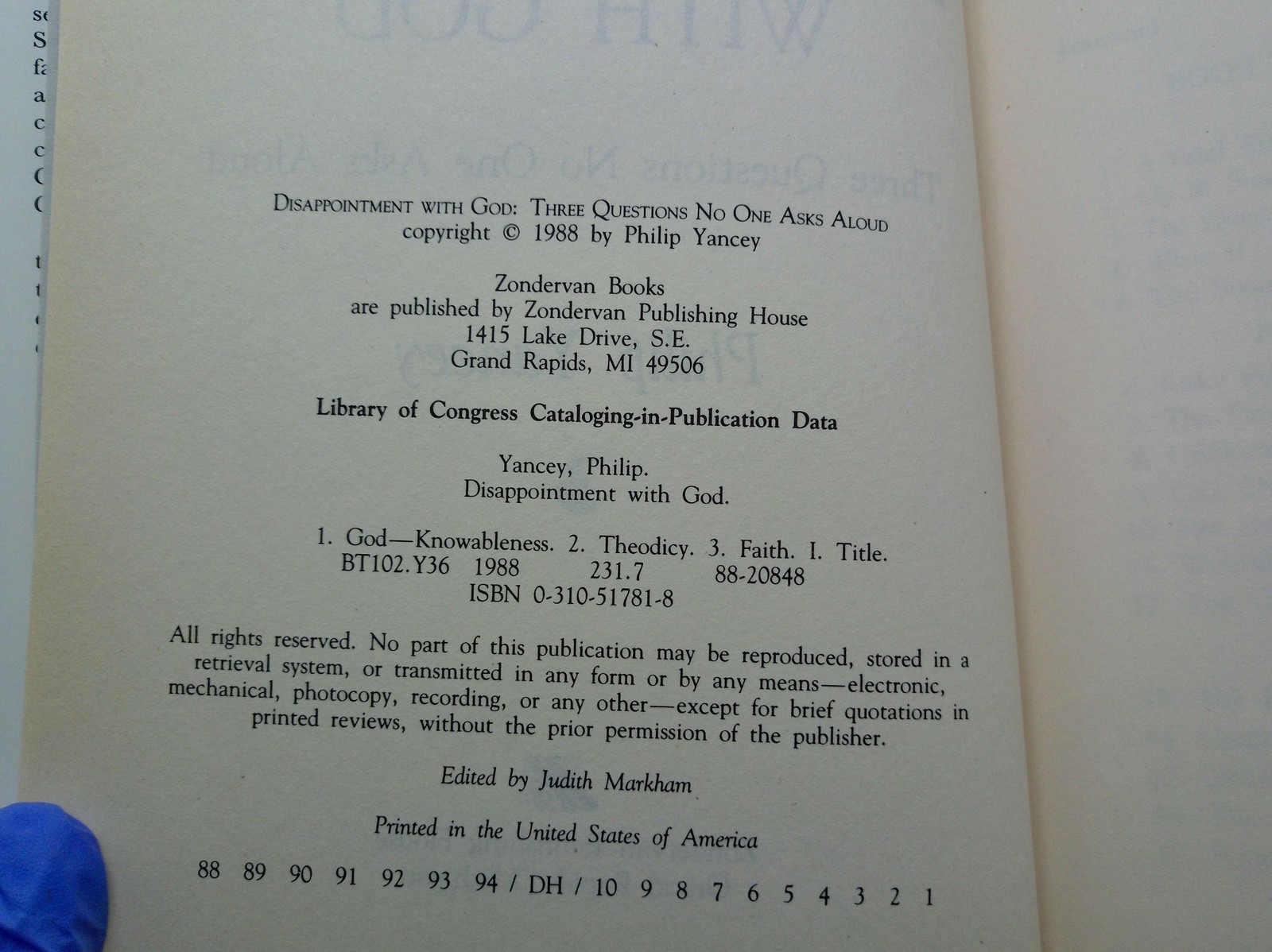 Philip Yancey Disappointment With God Hardcover DJ 1988 Christian Zondervan