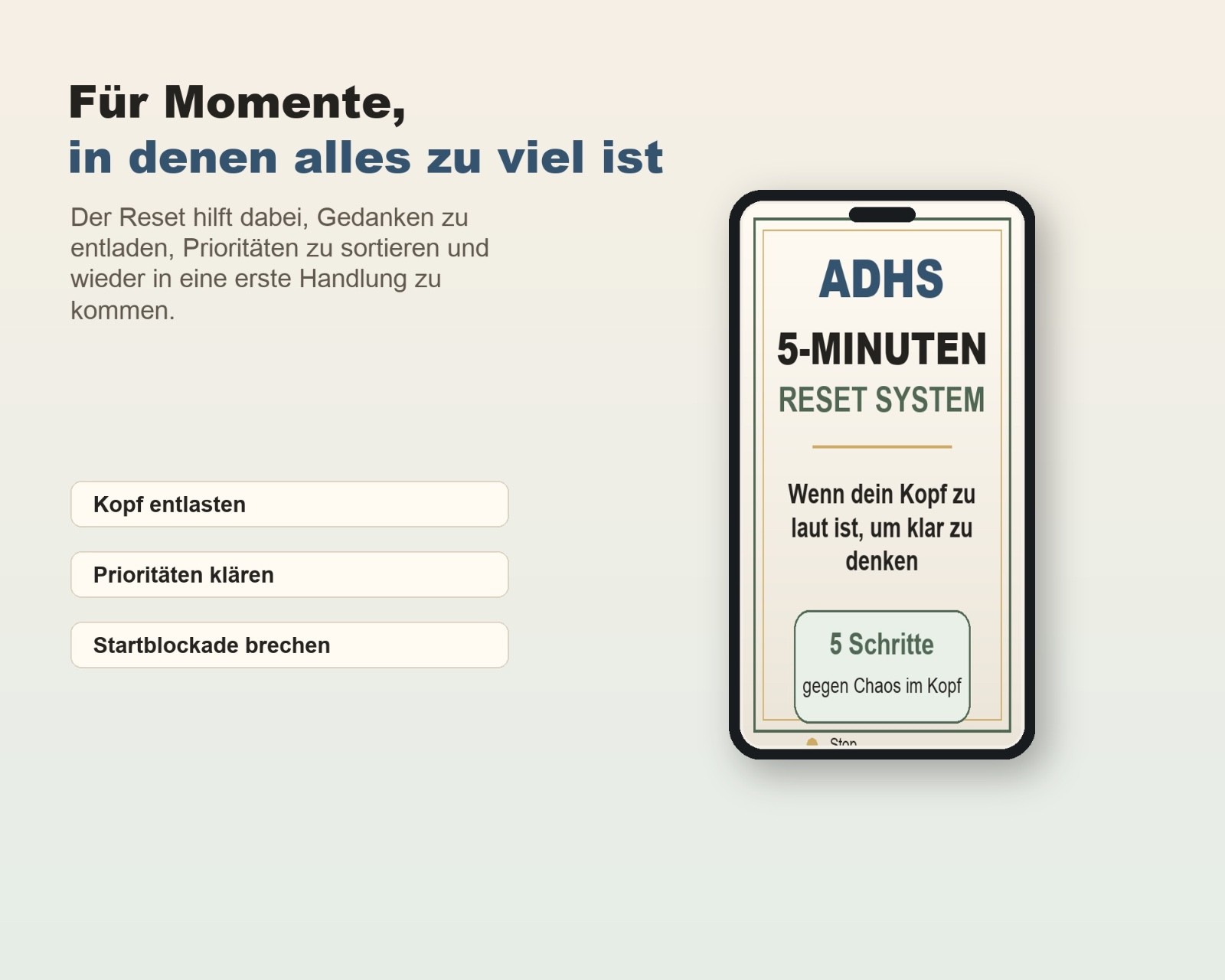 ADHS 5-Minuten Reset PDF Quick Guide Fokus Brain Dump Selbstorganisation