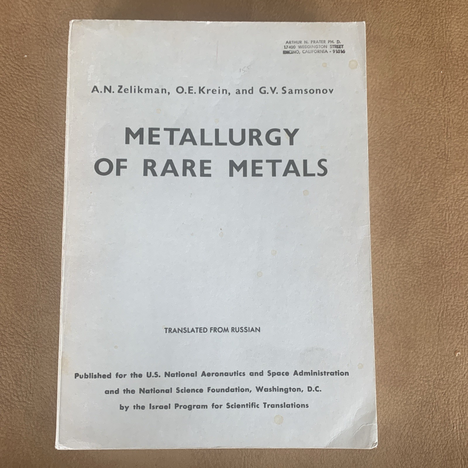 Metallurgy of Rare Metals, Zelikman 1966, Russian translated Israel Scientific