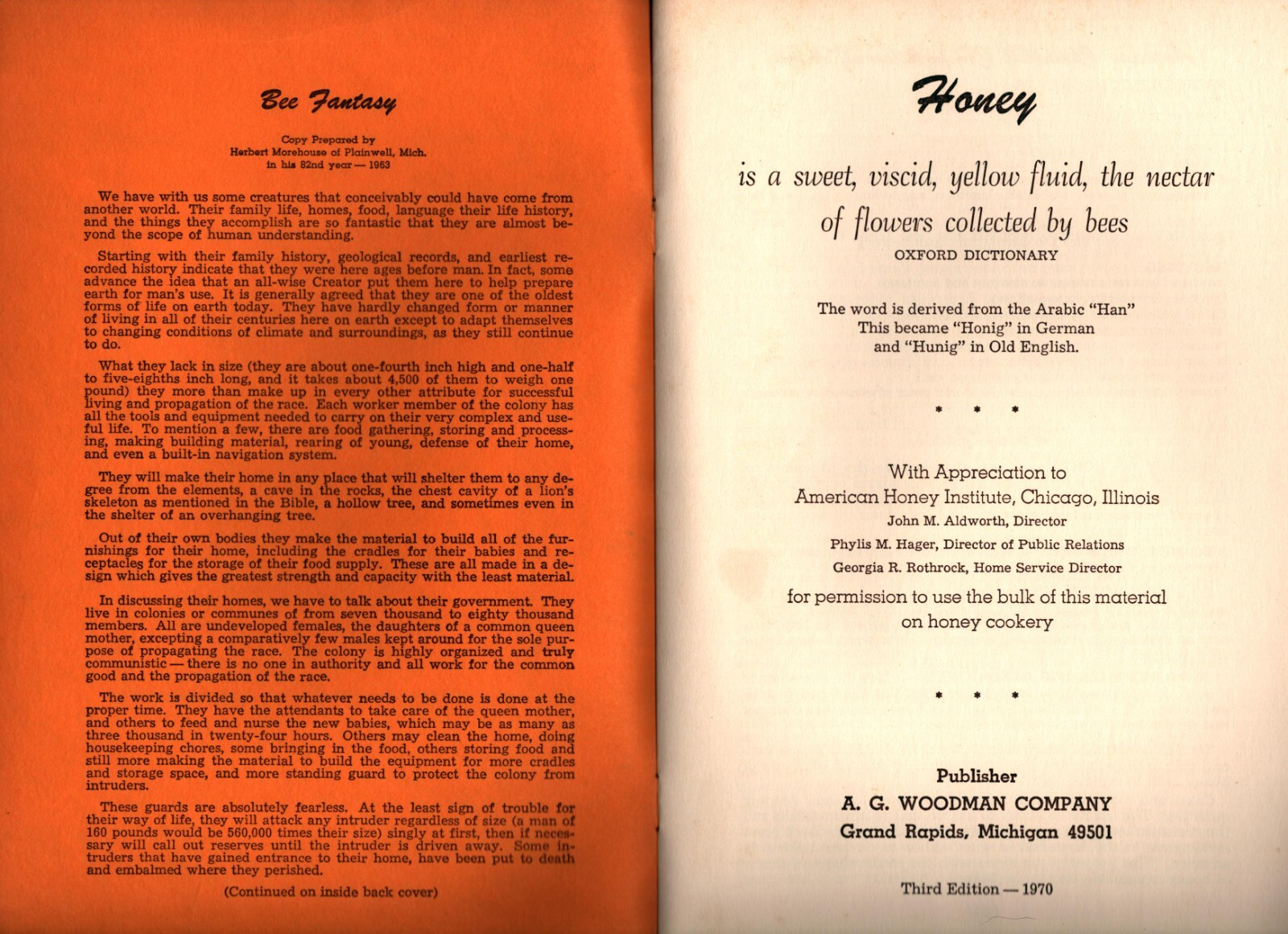 1970 Honey Cookery Recipe Cookbook 9″ x 6″ 16 Pages