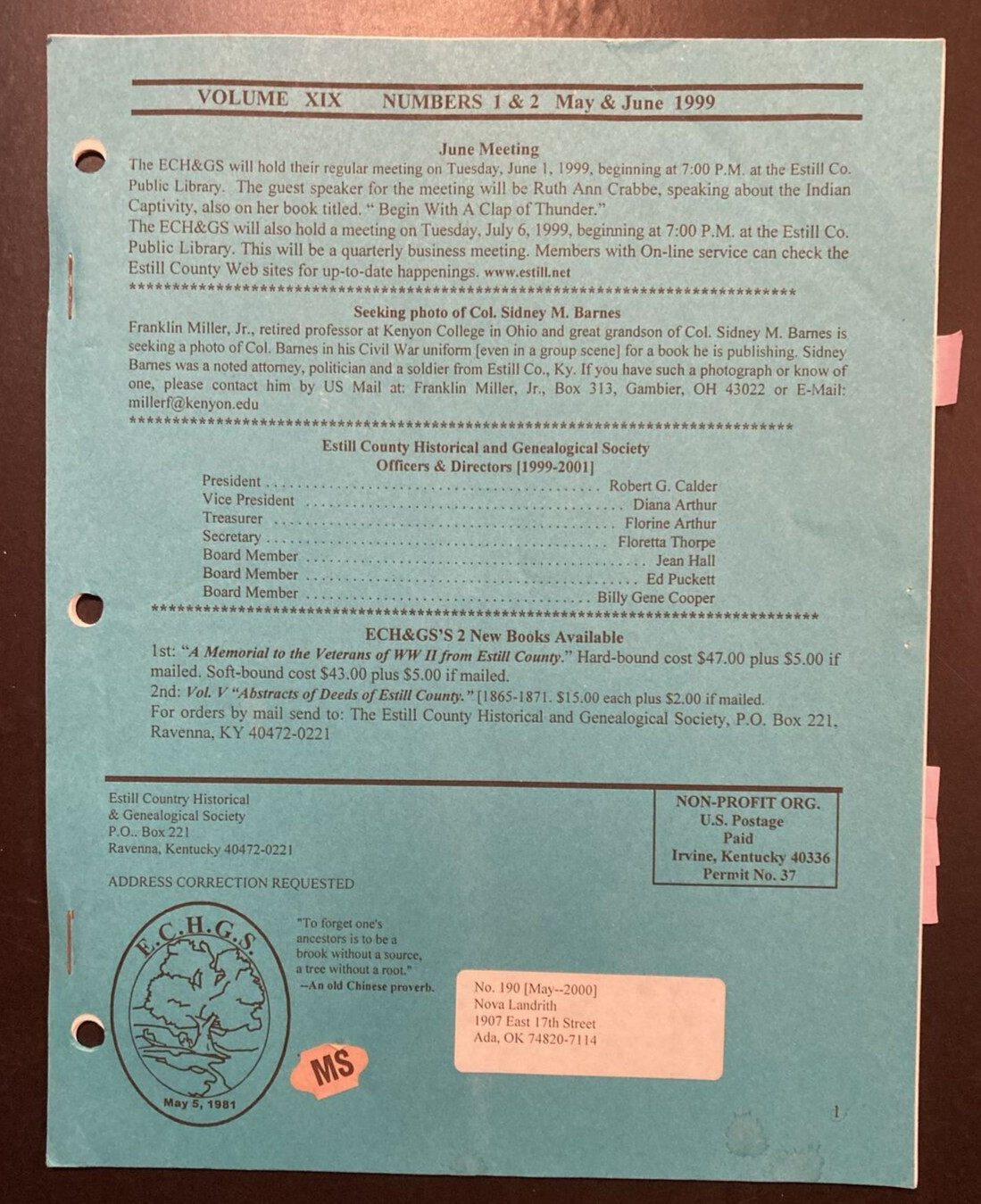 Estill County Kentucky Genealogical Society 1999 Newsletter 6 Issues ECHGS