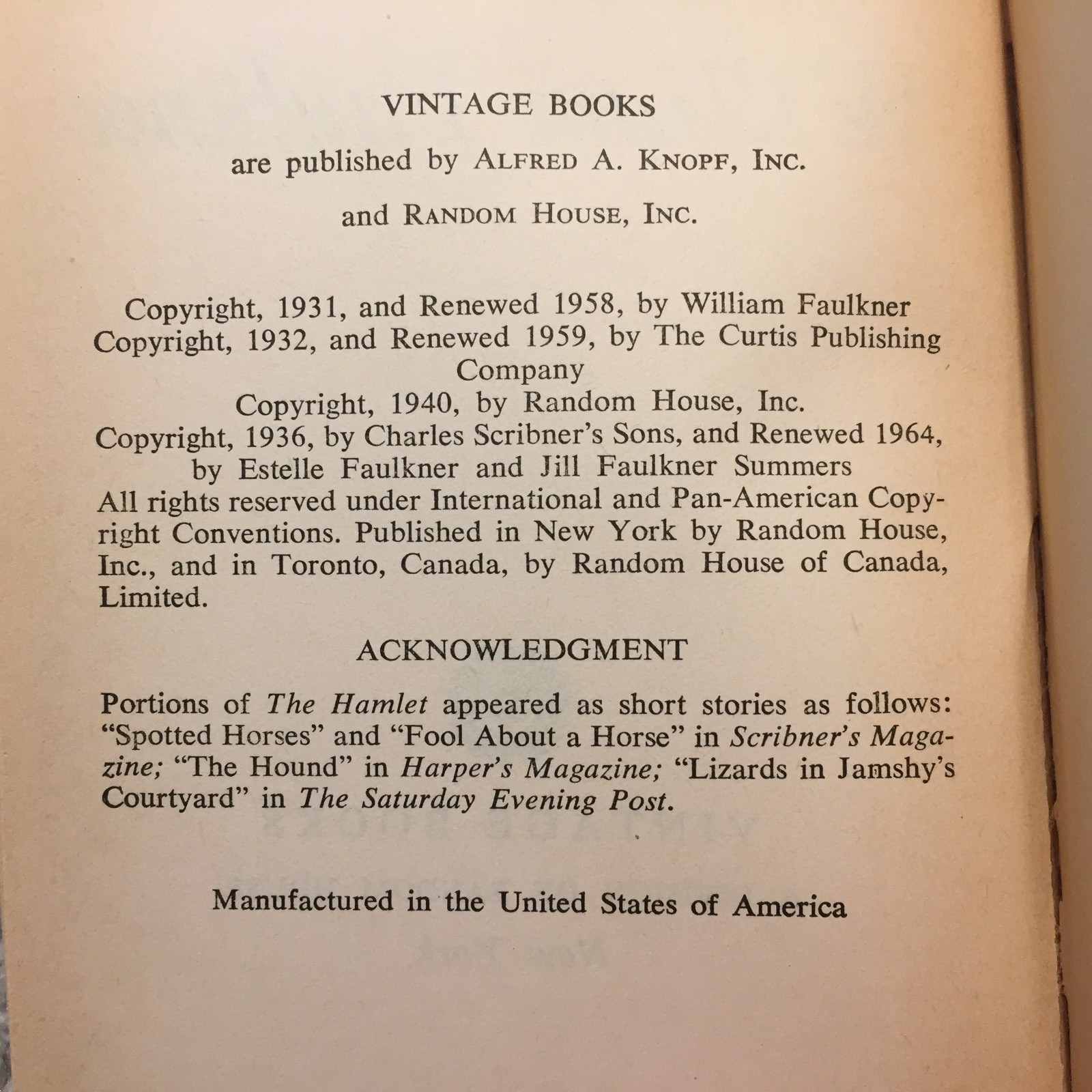 The Hamlet William Faulkner 1956 Vintage Books Family Ambition Paperback Book