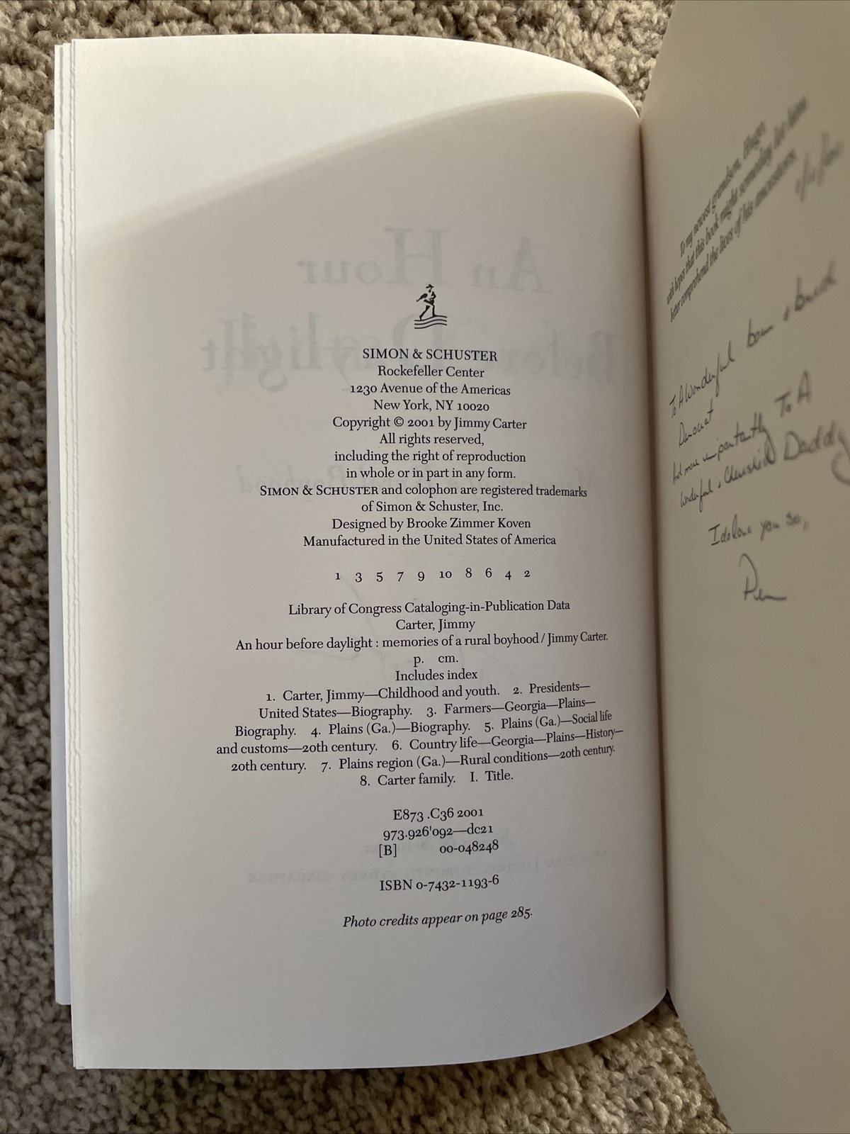 President JIMMY CARTER signed AN HOUR BEFORE DAYLIGHT Boyhood 2001 Book HC