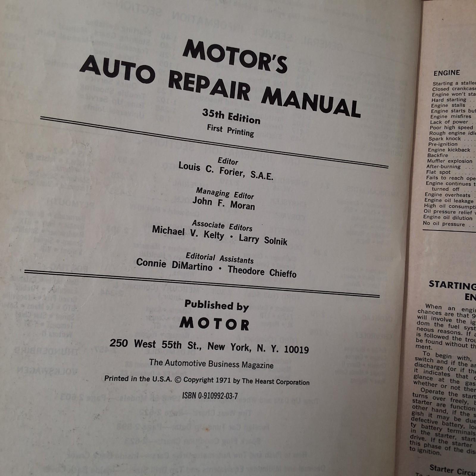 MOTOR Auto Repair Manual 1972 1966-72 Models Louis C Forier Hardcover