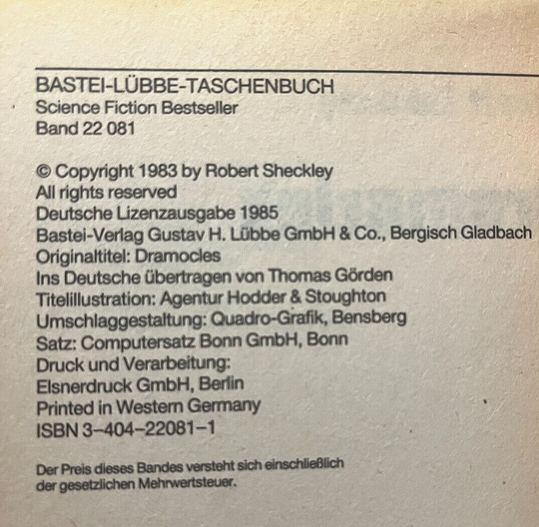 ROBERT SHECKLEY Dramocles GERMAN Paperback PB Bastei Lübbe Science Fiction 1983