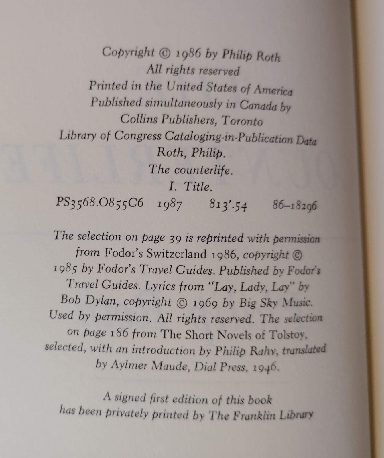 THE COUNTERLIFE by Philip Roth (1987) VERY GOOD 1ST/1ST UNREAD HARDCOVER