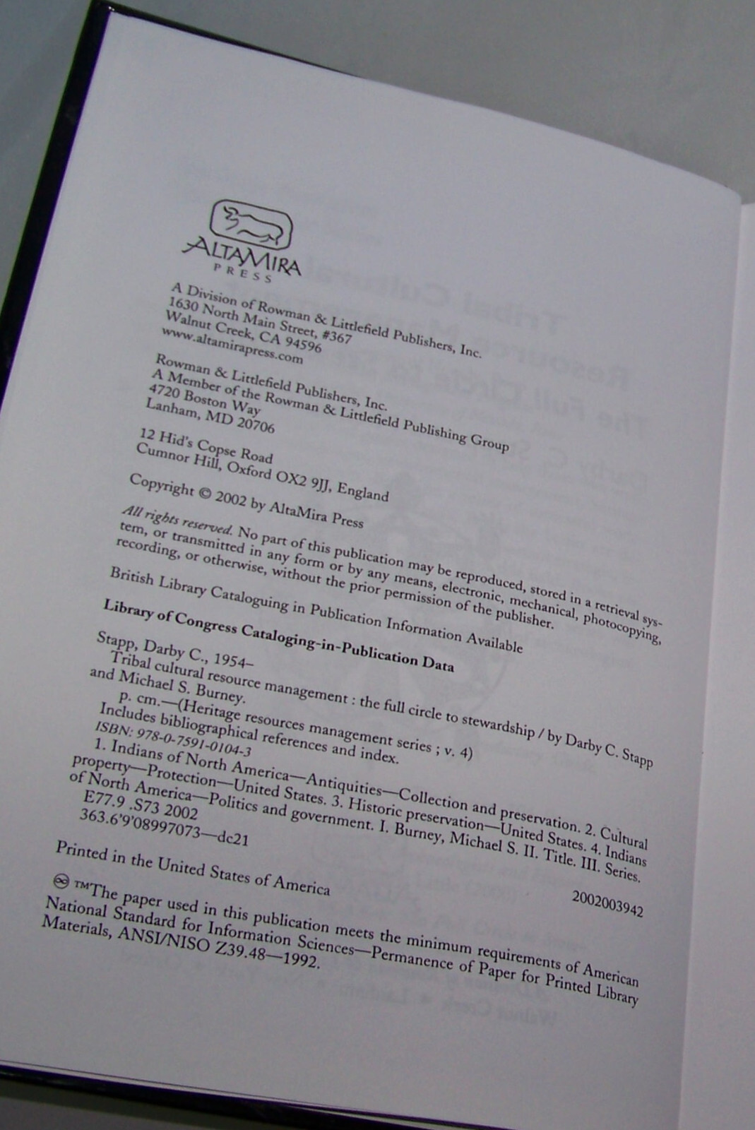 Tribal Cultural Resource Management ~ Stapp & Burney 2002 HC