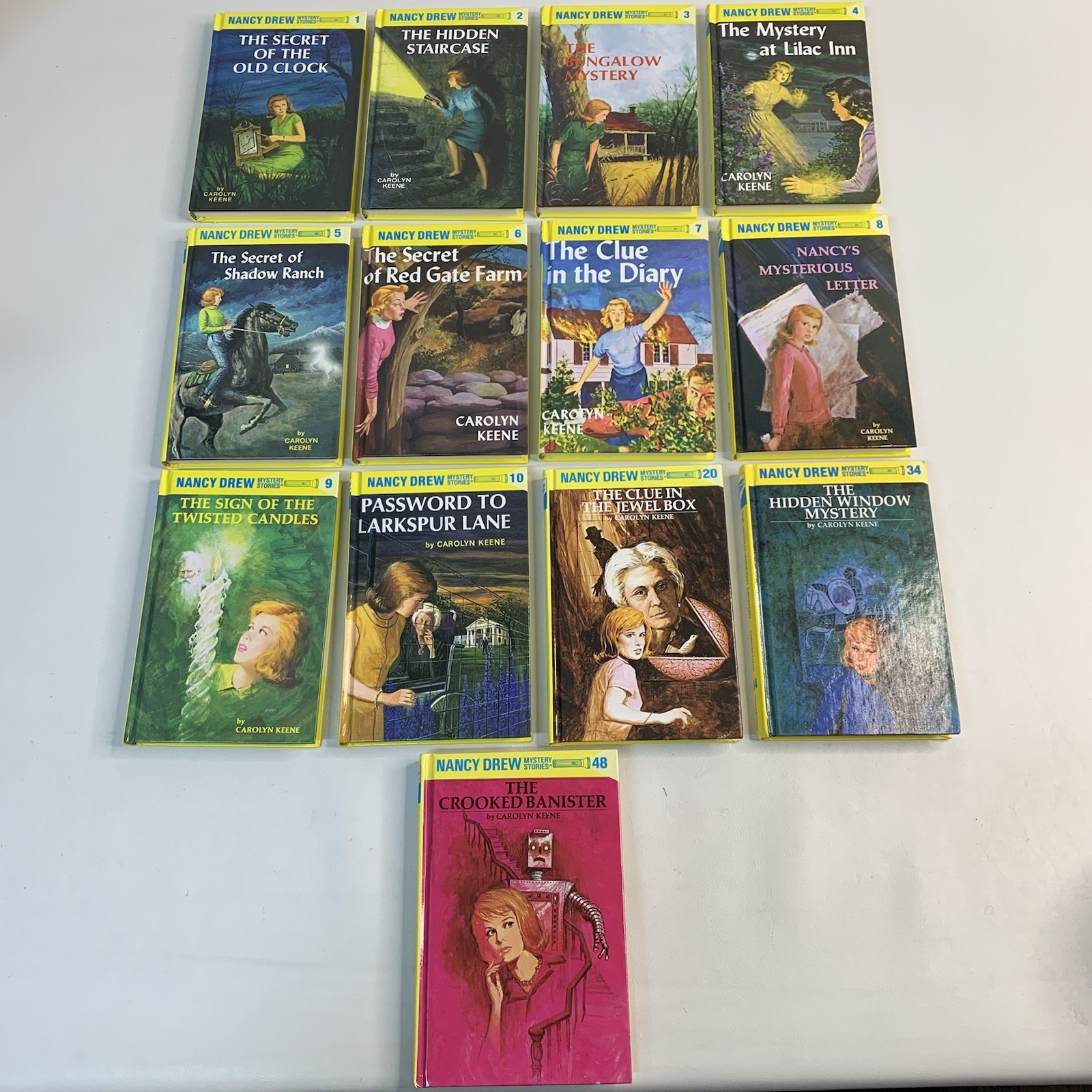 Lot of 13 Nancy Drew Books Flashlight Yellow Spine HC Books 1- 10, 20, 34 & 48