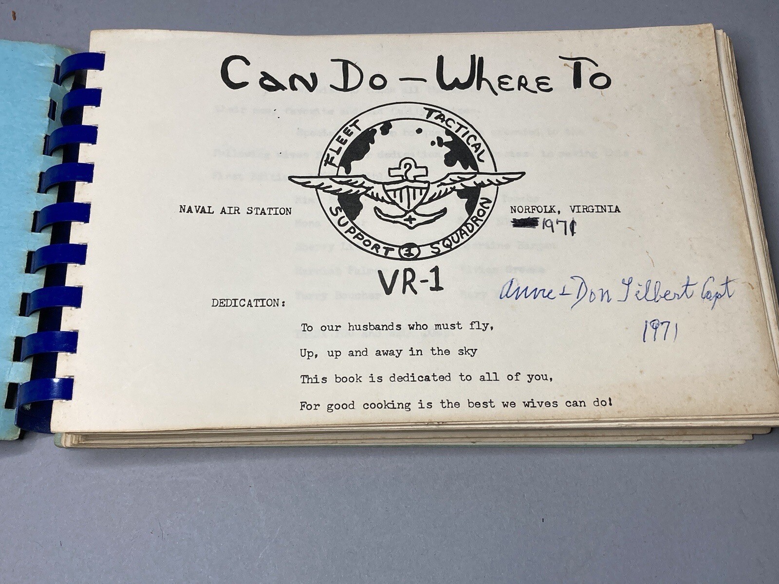 Navy Fleet Tactical Support Squadron VR-1 Norfolk NAS Wives Club Cookbook 1968