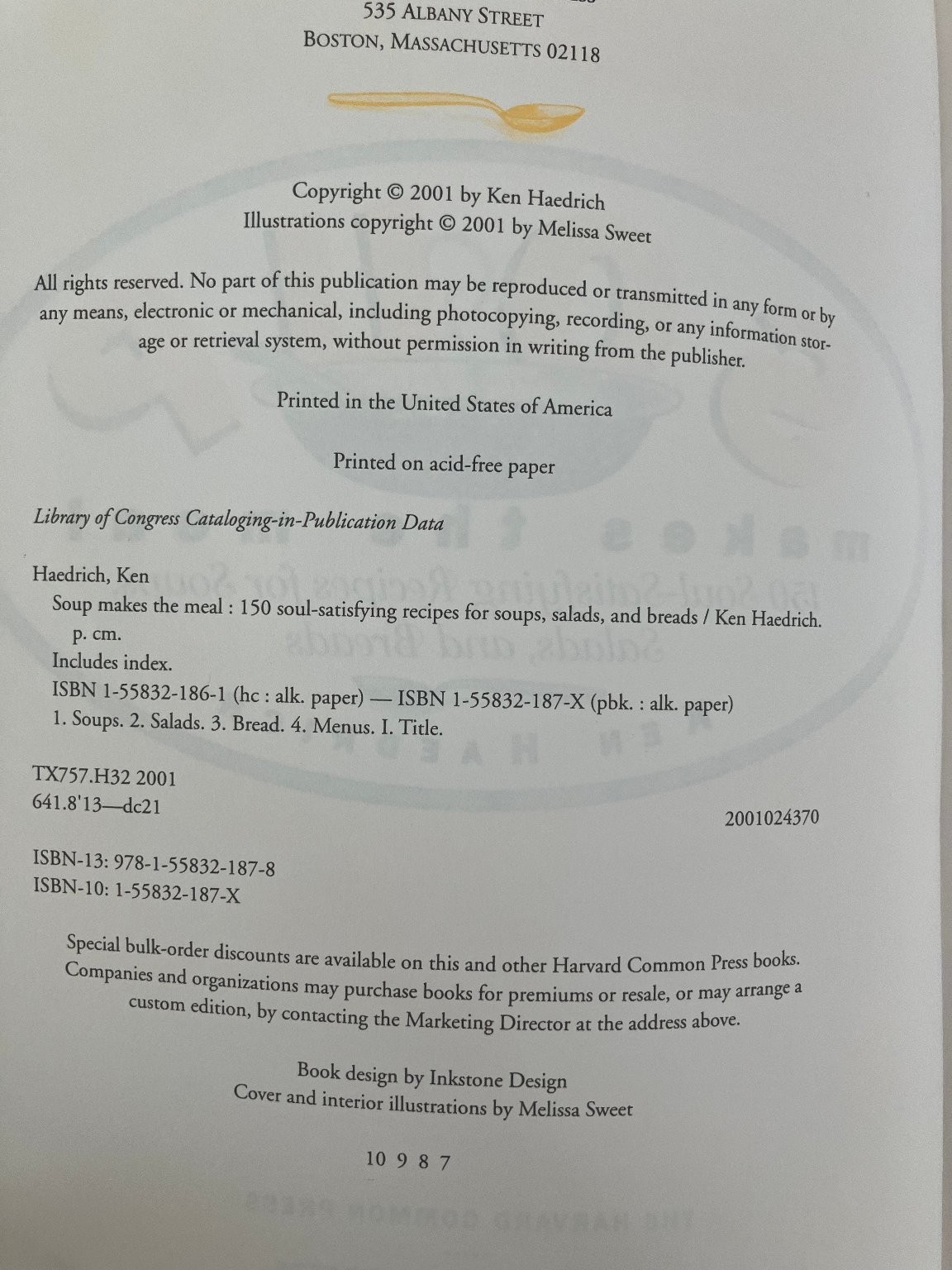 Soup Makes the Meal Ken Haedrich 2001 Cookbook Recipes Harvard Common Press PB