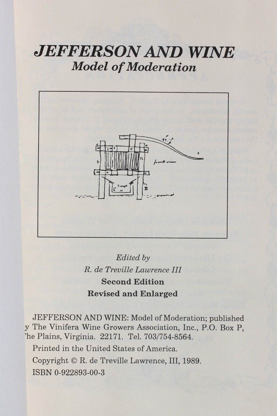JEFFERSON AND WINE, Robert de Treville Lawrence III, 2nd Edition, 1989, hc+dj