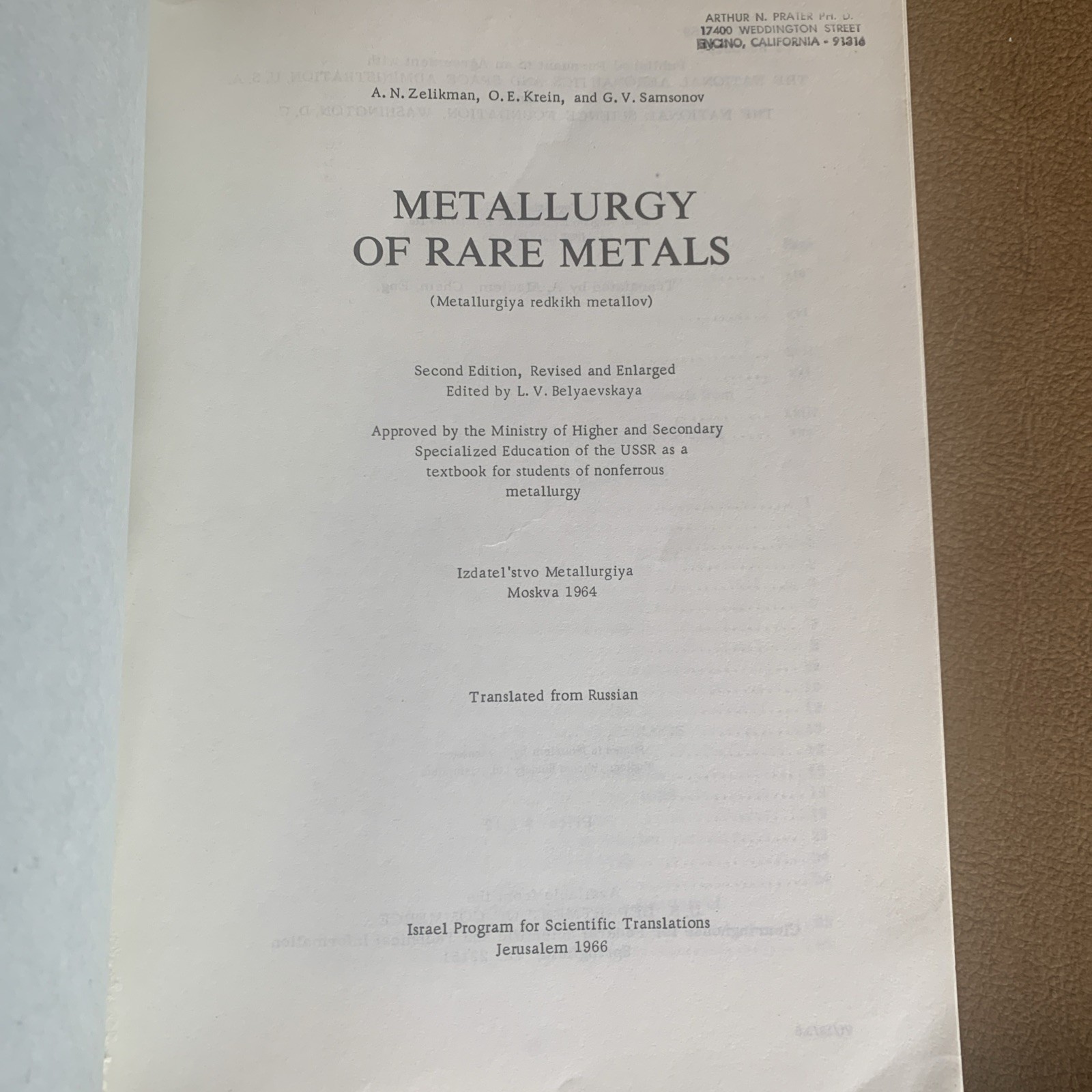 Metallurgy of Rare Metals, Zelikman 1966, Russian translated Israel Scientific