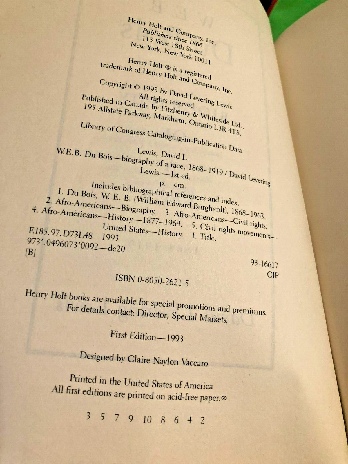 RARE 1ST TRADE EDIT. W. E. B. Du Bois, 1868-1919 Biography of a Race (1993) FINE