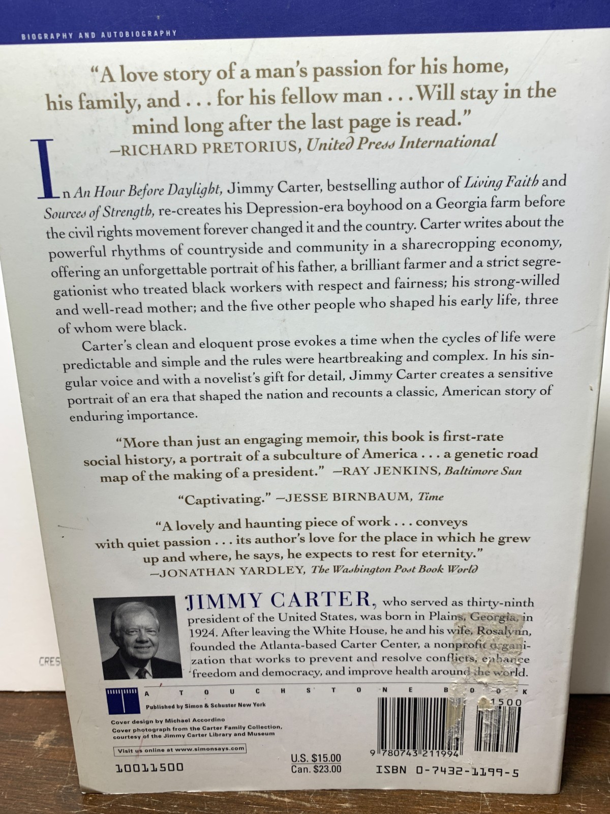 BOOK/ AN HOUR BEFORE DAYLIGHT/ JIMMY CARTER/2001