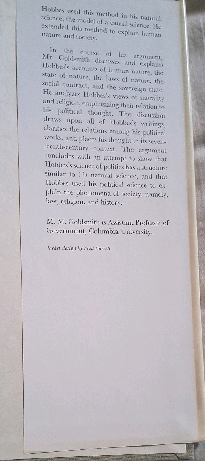 Hobbes’s Science of Politics M.M. Goldsmith 1968 Hardcover/DJ 2nd printing C.U.P