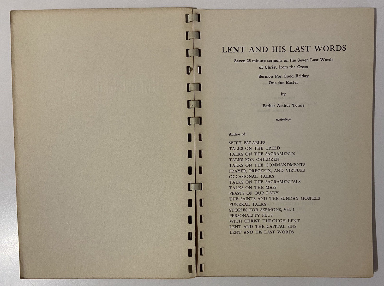 Lent and His Last Words by Father Arthur Tonne (1953 Leather Softcover)