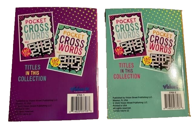 2 Pocket Cross Words Puzzle Books 5″ x 4″ vol. 1 and 2 by Vision St. 2022