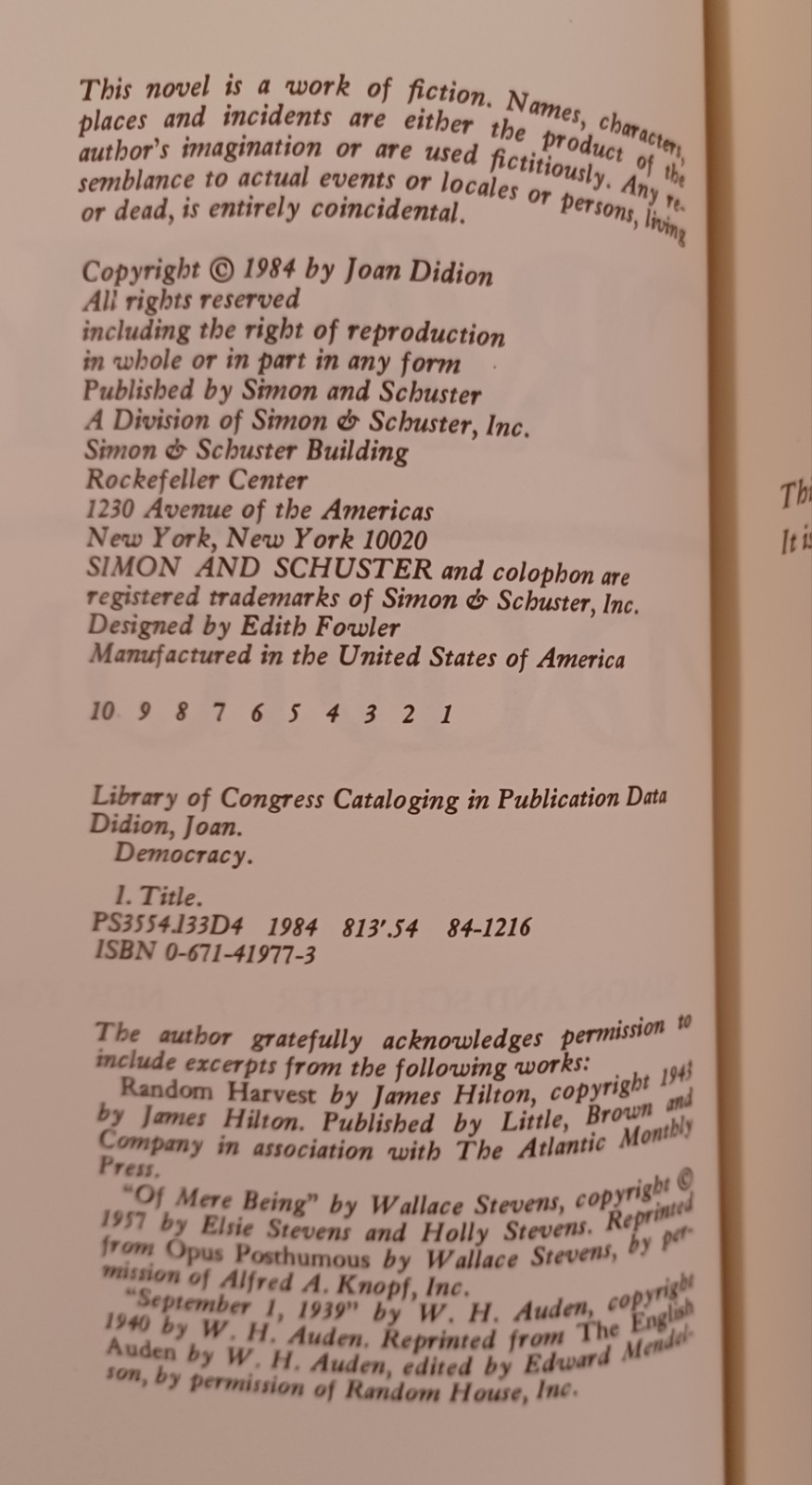 Democracy, By Joan Didion. First Edition Hardcover.