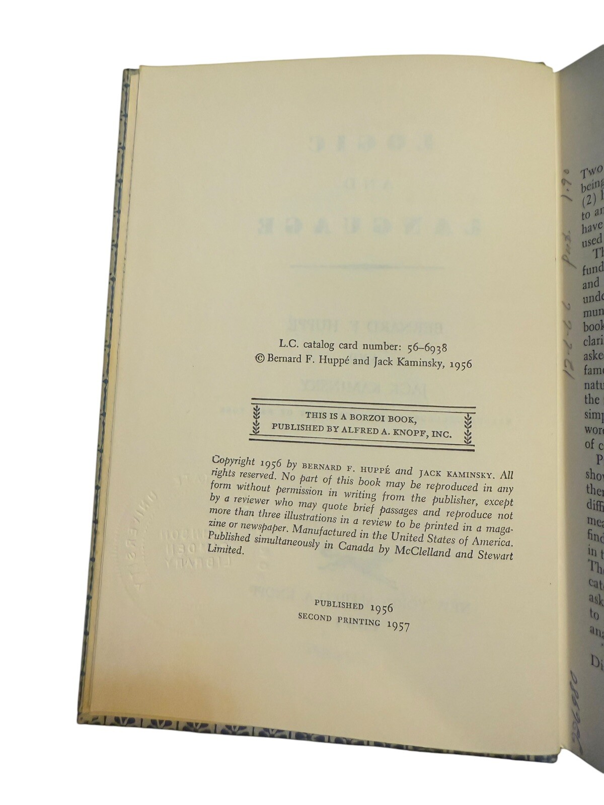 Logic In Language By Bernard F Huppe. Hardcover. 1957