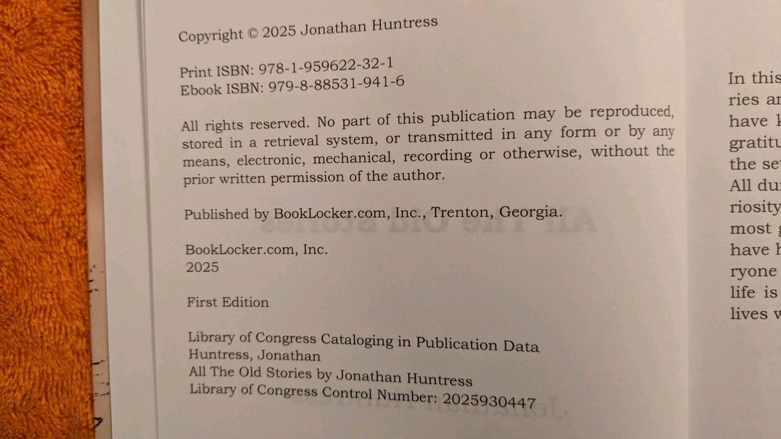 Jonathan Huntress, ALL THE OLD STORIES, 2025, HB, Booklocker, 398 Pages, 1st Ed.