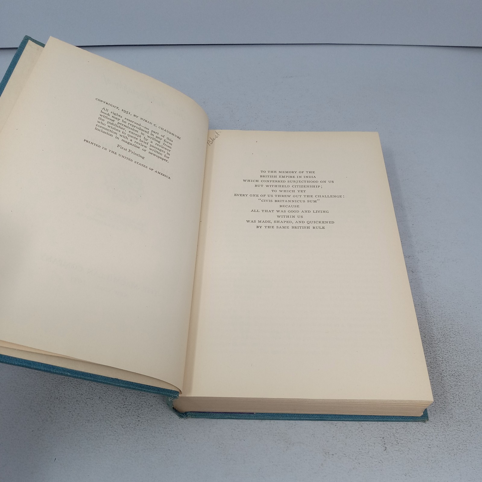 Autobiography of an Unknown Indian: 1951 Macmillan Company HC Nirad C. Chaudhuri