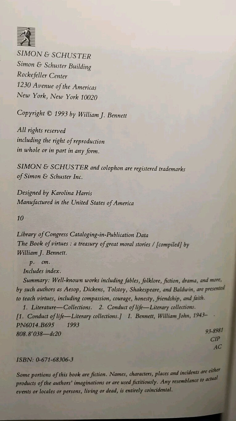 The Book of Virtues by William J. Bennett 1st Edition 10th Printing Hardcover