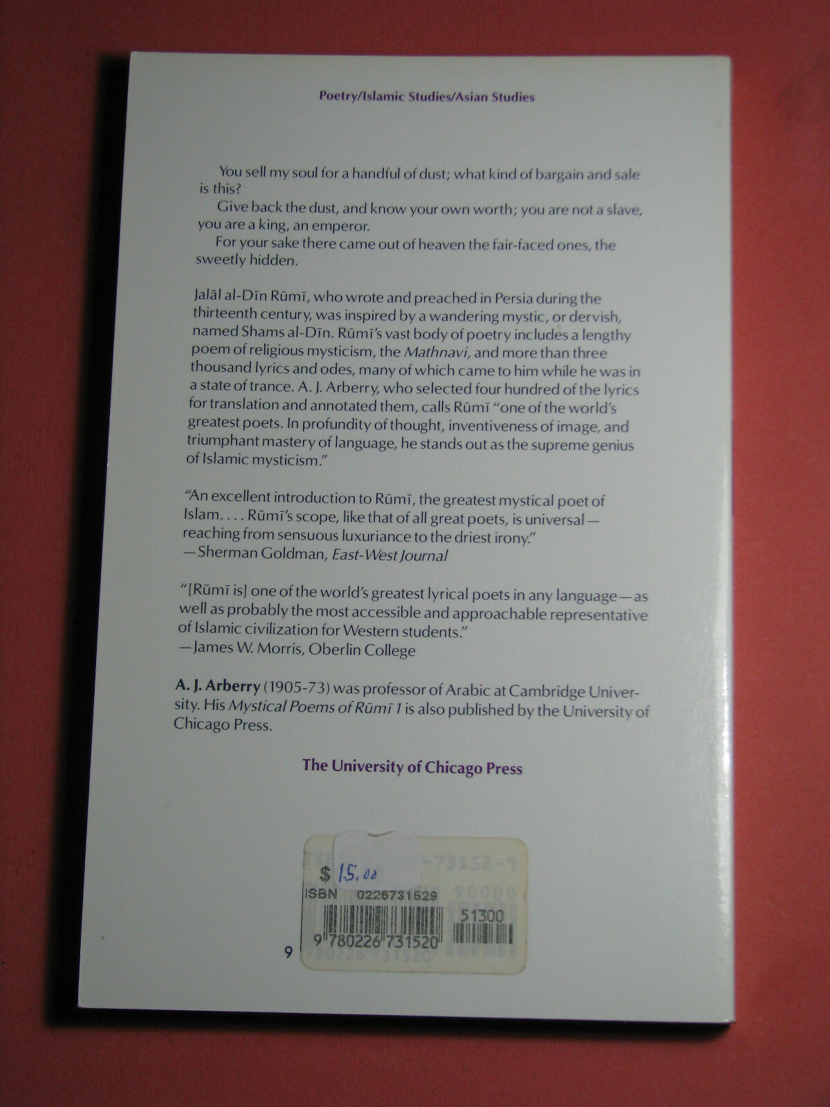 MYSTICAL POEMS OF RUMI 1 & 2 Jalal al-Din Rumi Translated A.J. Arberry 1991 PB