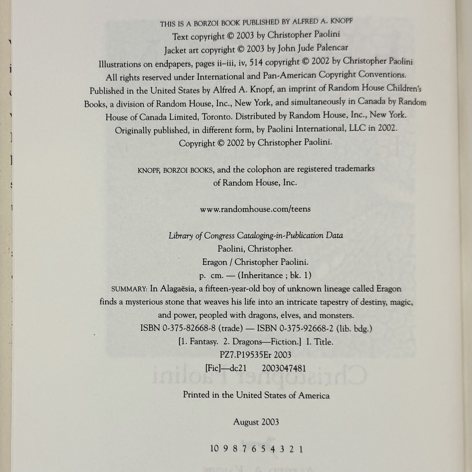 Eragon – Christopher Paolini (1st edition thus, 1st print) Alfred A. Knopf, 2003
