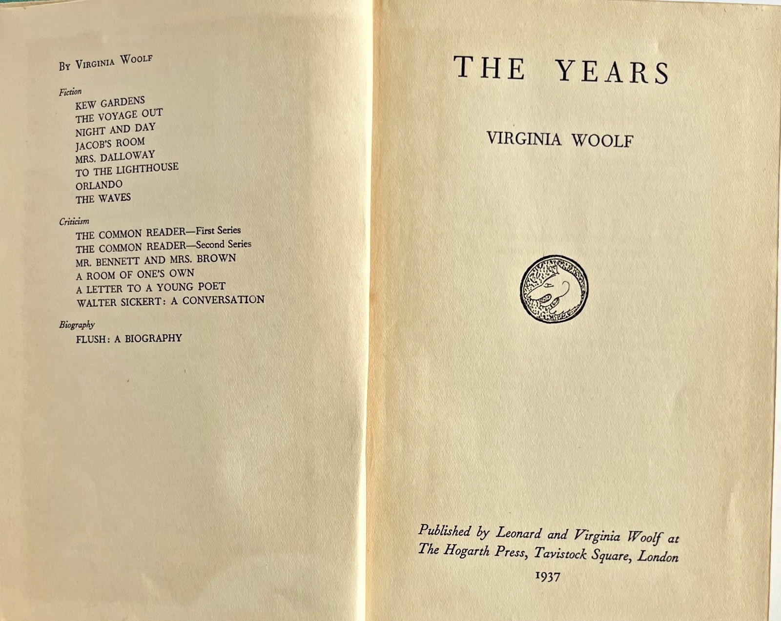 Virginia Woolf- The Years 1st EDT 1st Print 1937 Published by Hogarth Press