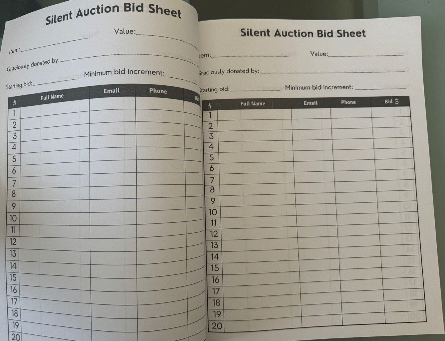 Silent Auction Bid Sheets New