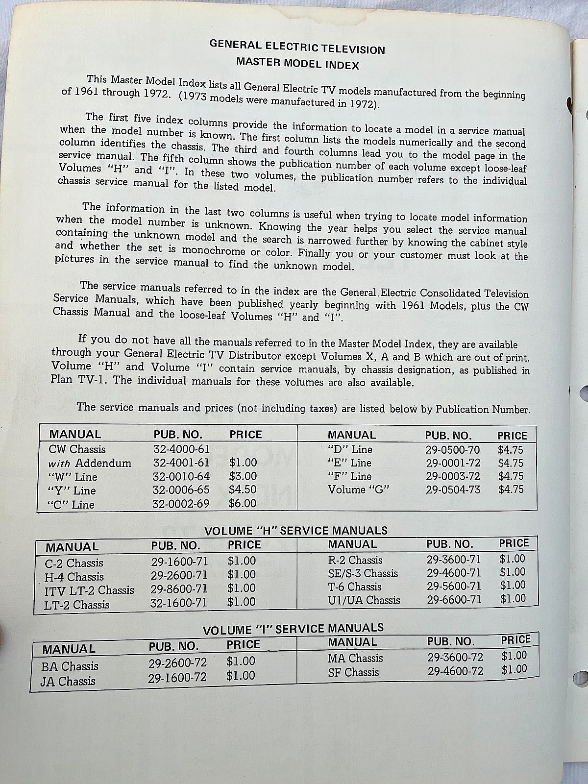 GE General Electric Television Master Model Index 1961-1973 Vintage Original