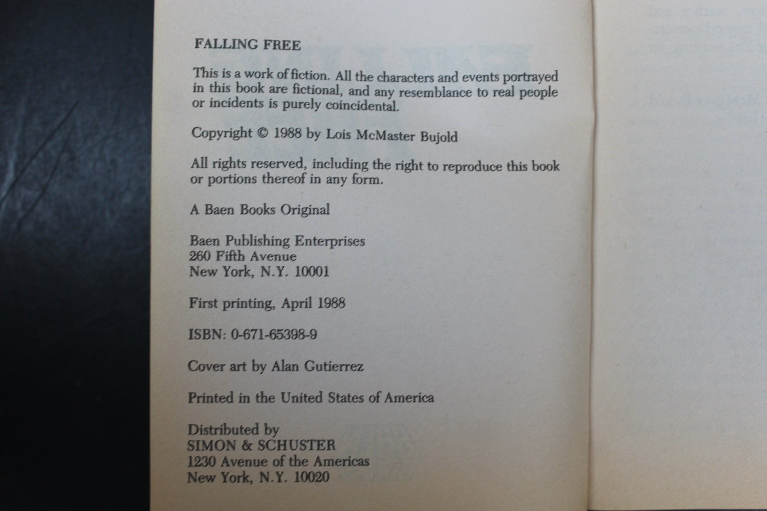 Falling Free Lois McMaster Bujold 1988 First Printing Science Fiction Baen Books