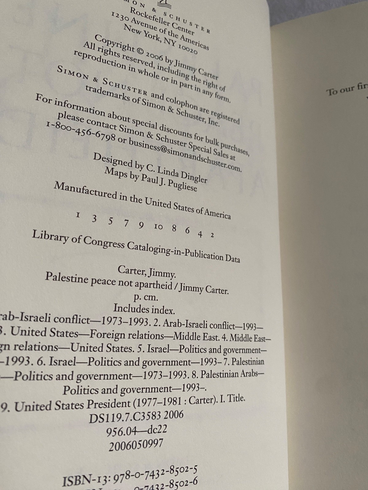 Signed Jimmy Carter Palestine Peace Not Apartheid First Printing 2006 Hardcover