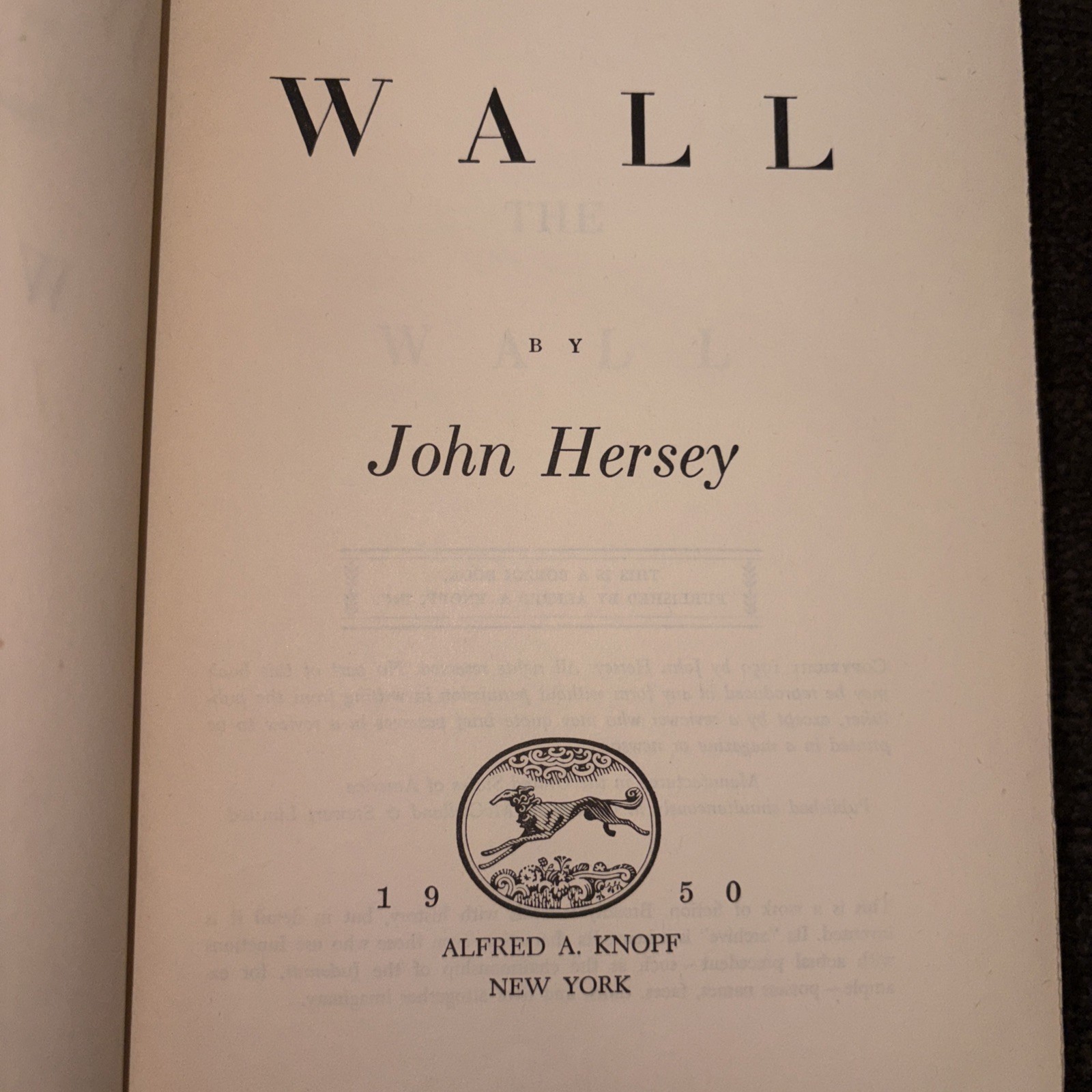 John Hersey The Wall 1950 w/ Dust Jacket WWII Holocaust